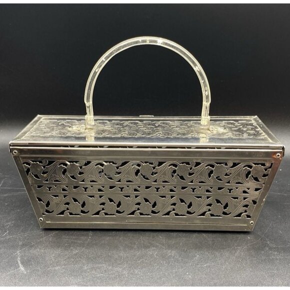 Rectangle Silver Tone Pierced Metal With Lucite Handle Mirror MCM Vintage - Picture 2 of 12